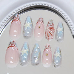 YICKYUE  -  24pcs 3D Starfish Fake Nails Sweet Cool Ins Blue Ocean False Nails Wearable Full Cover French Long Almond Head Press on Nails