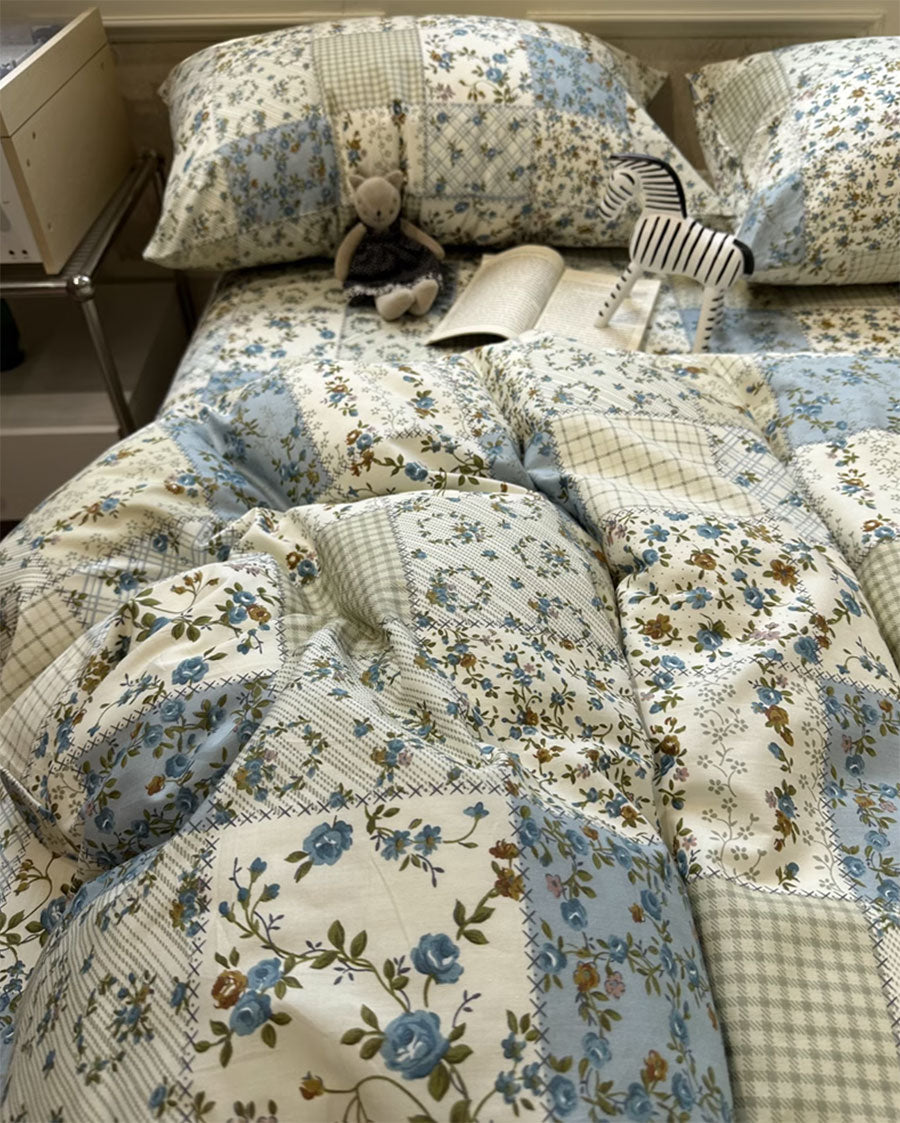 YICKYUE  -  Romantic vintage pastoral flower blue bedding set,twin full queen king cotton home textile bed sheet pillow case quilt cover