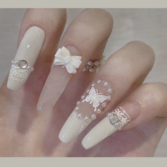 24pcs Artificial Nails Rhinestone Pearl False Nails Full Cover Nail Tips Butterfly Cartoon Press On French Ballerina Fake Nail