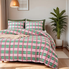 YICKYUE  -  Pink Gingham Grid Duvet Cover Set Twin Plaid Boho Comforter Cover Blue Yellow and 2 Standard Pillow Cases Soft Lightweight Breathable Bedding Set for Women Girls