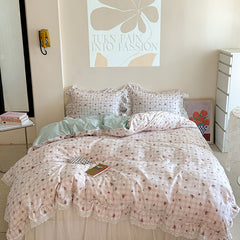 YICKYUE  -  Korean Princess Style Lace Ruffles Floral Bedding Set 100% Cotton Duvet Cover Bed Sheet/Fitted Sheet/Bed Skirt Pillowcases 3/4Pc