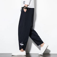 Hearujoy Mens Cotton Linen Casual Pants Chinese Style Crane Embroidery Harlan Cropped Pants Spring Summer Fashion Loose Retro Trousers