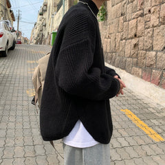 Hearujoy Split Fork Solid Color Sweater For Men Half High Neck Long Sleeved Knitted Tops Autumn Winter Fashion Versatile Loose Knitwear