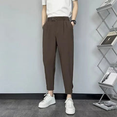 Hearujoy Korean Cropped Pants For Men Fashion Casual Suit Pants Solid Slim Fit Straight Trousers Spring Summer Trend Youth Pant Plus Size