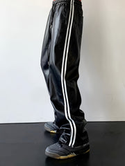 Hearujoy Men's PU Leather Pants, 45% Polyurethane 55% Polyester, All-Season Street Style Straight Leg with Side Stripe Design, Loose Fit Woven Trousers, Allseason Pants | Modern Loose Pants | Drawstring Waistband