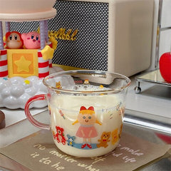 Cute Cartoon Coffee Milk Juice Mug with Scale Transparent High Borosilicate Glass Water Tea Cup INS Kids Adults Breakfast Cup
