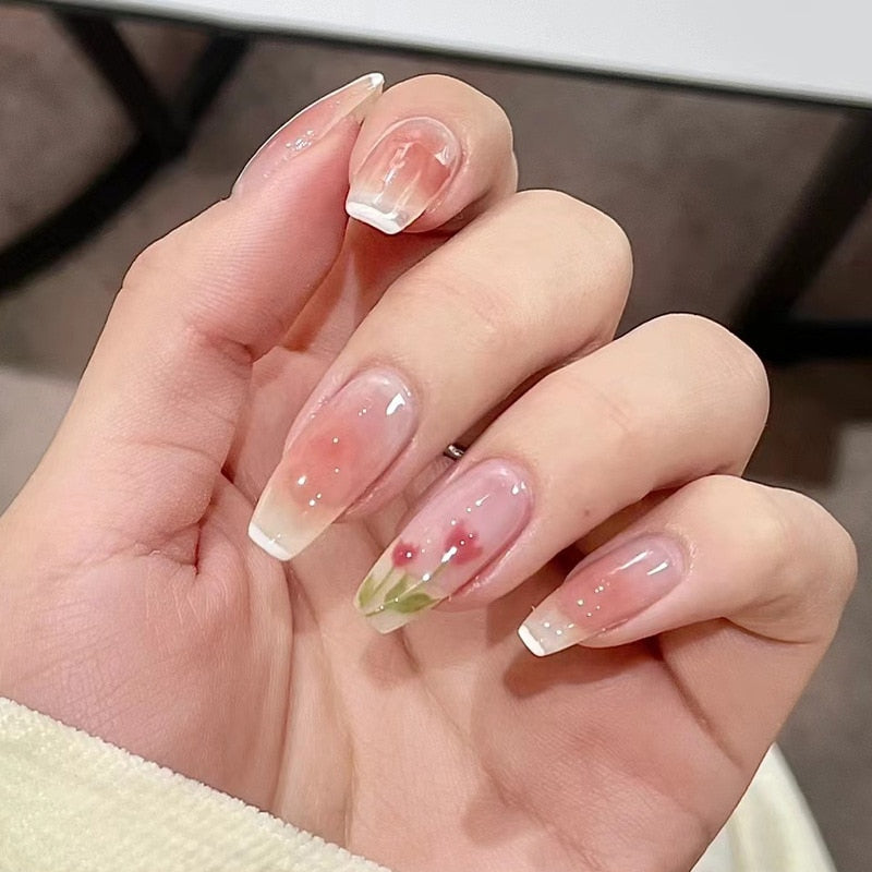 PinkTulips Square Head Gradient Seamless Artificial Nail Patch Wearing Armor Removable Coffin Ballerina Press On Fake Nails Tips