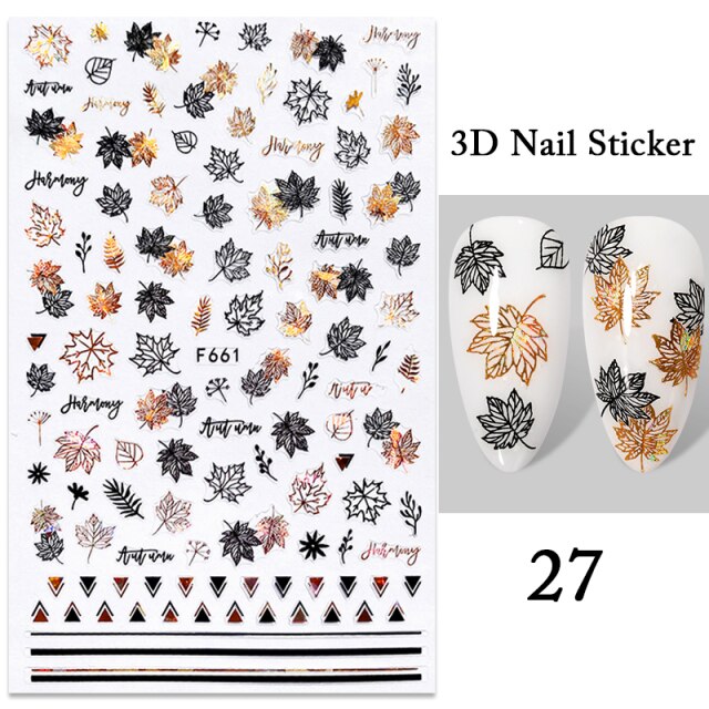 1 Sheet Maple Leaves 3D Nail Stickers Fall Leaf Flowers Line Sliders For Nails Self Adhesive Stickers Autumn Manicuring Decals