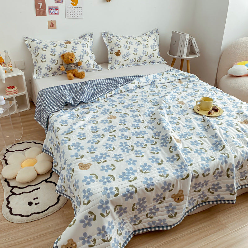 Yickyue Korean Simple Thin Blanket Washed Cotton Quilted Bedspread Machine Washable Fashion Soft Summer Quilt Double King Size