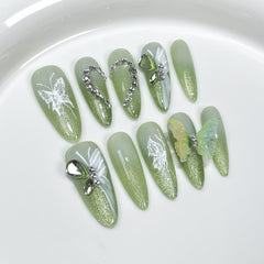 YICKYUE  -  10Pcs Green Handmade Almond Press on Nails Cat Eye Summer Wearable False Nails Decoration Gradient Manicure Fake Nail Tips Art