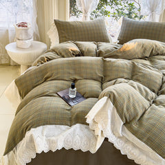 YICKYUE  -  2025 Korean Vintage Lace Bedding Set - 4PC Checkered Cotton w/ Romantic Trim | Barefoot Sleep Collection