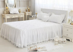 100%Cotton Thick Quilted Lace White Bedding set Girls Pink Princess King Queen Twin size Bed set Ruffle Bed skirt set Pillowcase