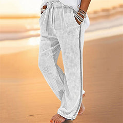 Hearujoy Vintage Men Pleated Cotton Linen Casual Pants Drawstring Side Zip Elastic Waist Comfort Breathable Beach Trousers Straight Pants