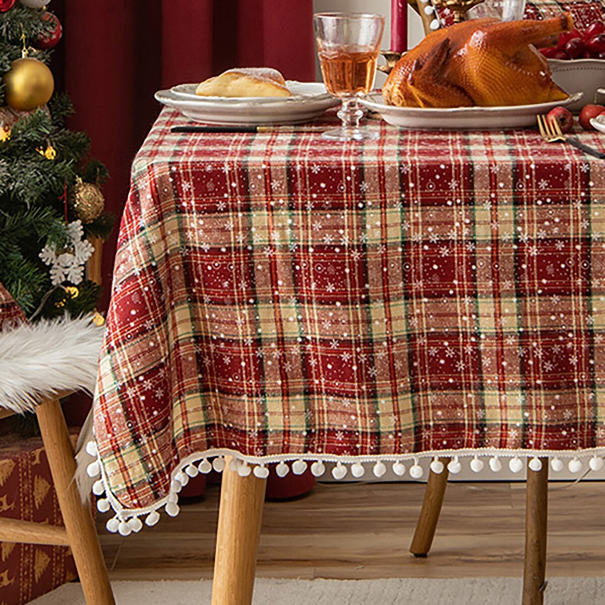 Snowflake Christmas Tablecloth with Furry Ball Red White Plaid Dinning Table Decoration Tasseled Christmas Coffee Table Cloth