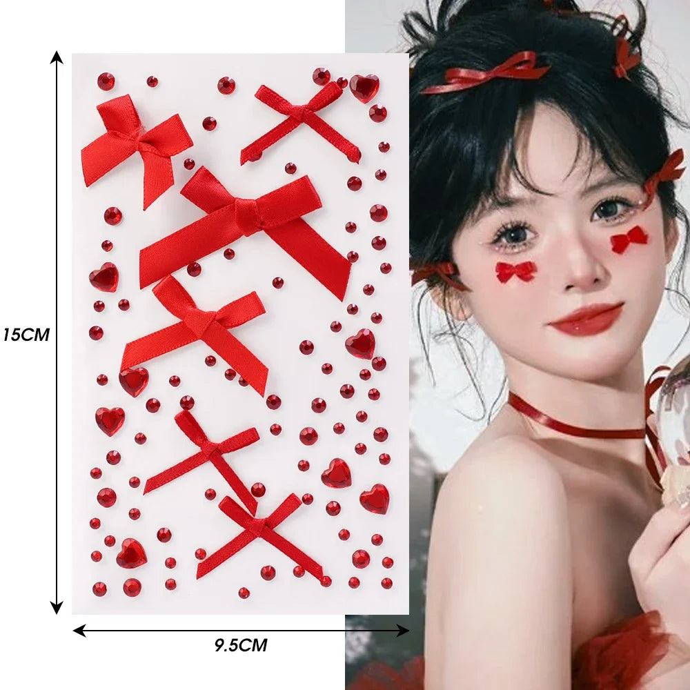 YICKYUE  -  Rhinestones Red Pink Bow Tattoo Sticker DIY Self Adhesive Face Stickers Pearl Gems Temporary Tattoo Sticker Party Festival Decal