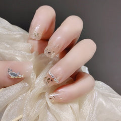 Japanese Nails 24PCS Fake Nails With Glitter Shiny Rhinestones Nail Acrylic Sweet  Full Coverage Press On Nails Free Shipping
