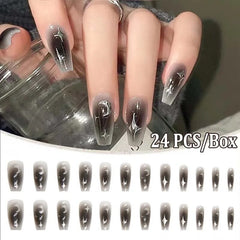 Yickyue Black Fake Nail Long Ballet Reusable Adhesive Acrylic Press on Set Nails Dark Acrylic Artificial False Nails Arts Tips 24Pcs/Box