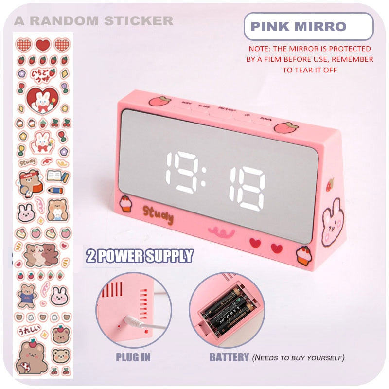 W&G Ins Digital Clock Table Clock Snooze Alarm Cute Silent Mirror Clock Student Desktop LED Clock Electronic Clock for Children