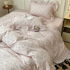 YICKYUE  Korean Princess Style Ruffles Flower Print Bedding Set Duvet Cover Set Bed Skirt Bedspread Pillowcases 100% Cotton Home Textile