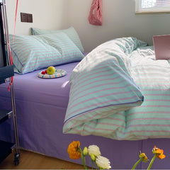 YICKYUE  -  Korean Style Bedding Set - Ultra Soft Washed Cotton 4pc w/ Contrast Edging