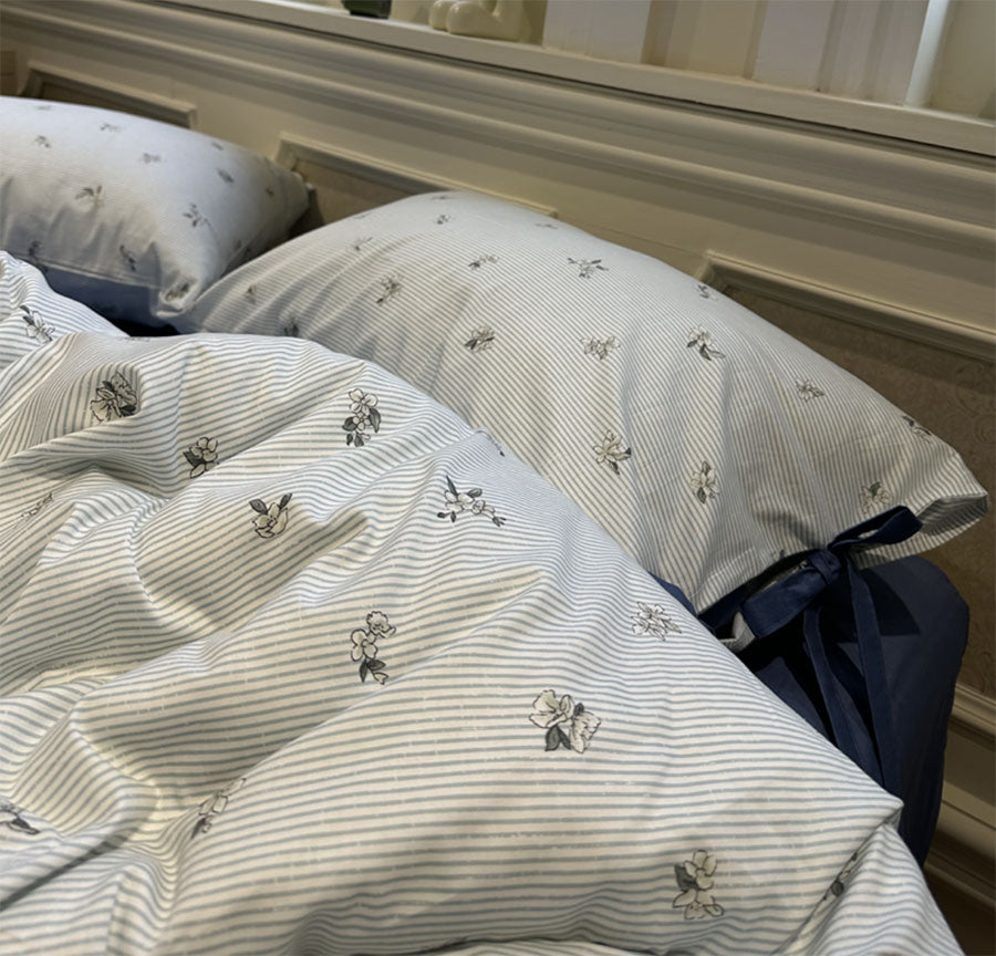 YICKYUE  -  Modern pastoral flower blue stripes bedding set teen,twin full queen king cotton home textile bed sheet pillow case quilt cover