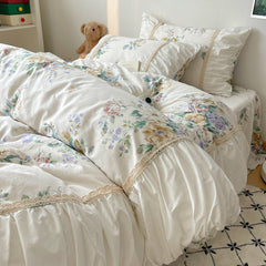 YICKYUE  -  100% Cotton Bedding Set Korean Style Flowers Printing Quilt Covers Lace Princess Duvet Cover Bedspread Bed skirt Pillowcases