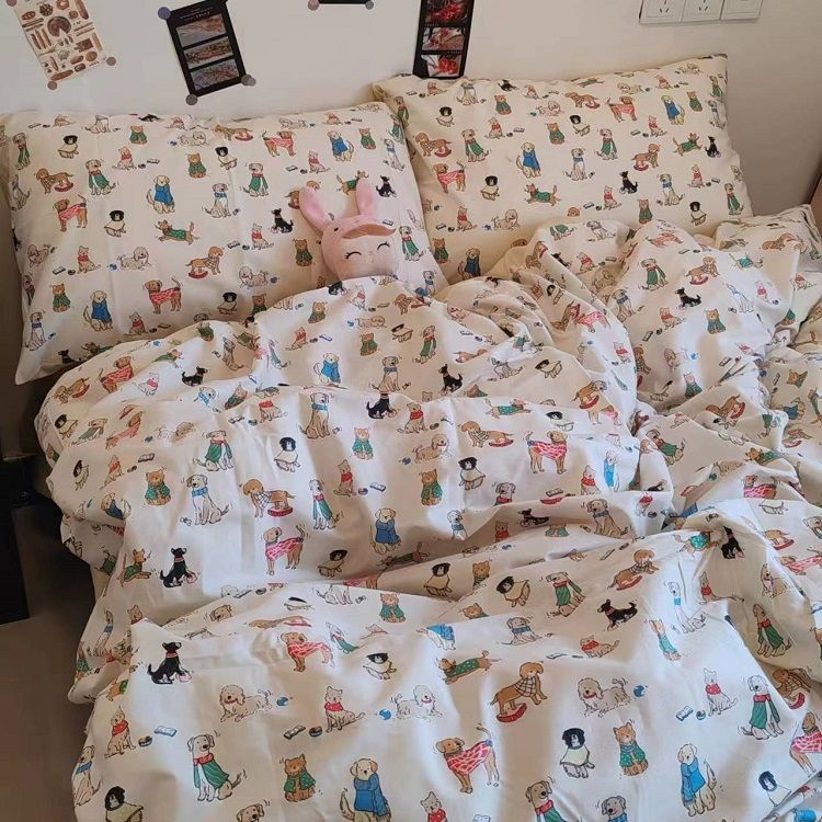 YICKYUE  -  100% Cotton Bedding Set Cute Cartoon Grey Coffee Puppy Dog Bed 4pcs Dormitory Duvet Sets Bed Sheet Girl Boy Women Men Beddingset
