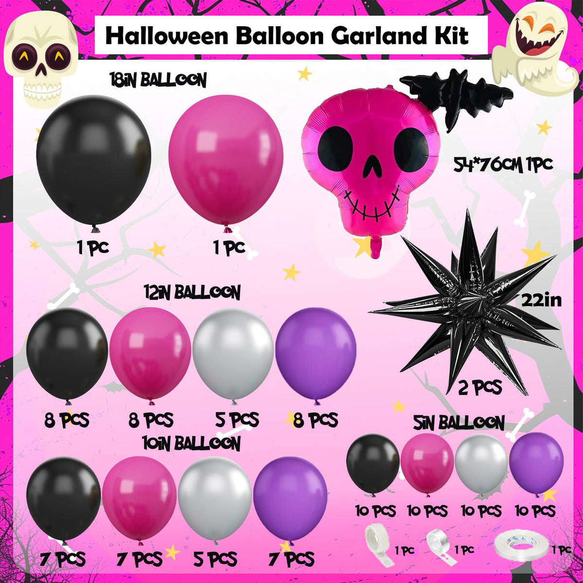 YICKYUE  -  Black Hot Pink Halloween Balloon Arch Garland Kit Skeleton Starburst Balloons for Birthday Halloween Theme Party Decoration