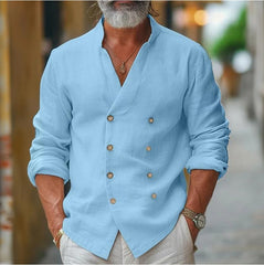 Hearujoy Vintage Cotton Linen Double Breasted Shirts Men Oversized Loose Long Sleeve Stand Collar Tops Spring Summer Home Casual Shirt