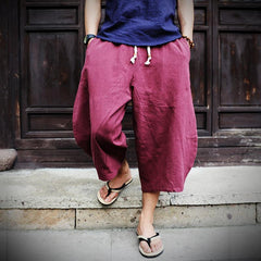 Hearujoy Oversized Wide-leg Cotton Linen Calf-Length Pants Mens Summer Drawstring Loose Beach Shorts Casual Harlan Trousers Fat Plus Szie