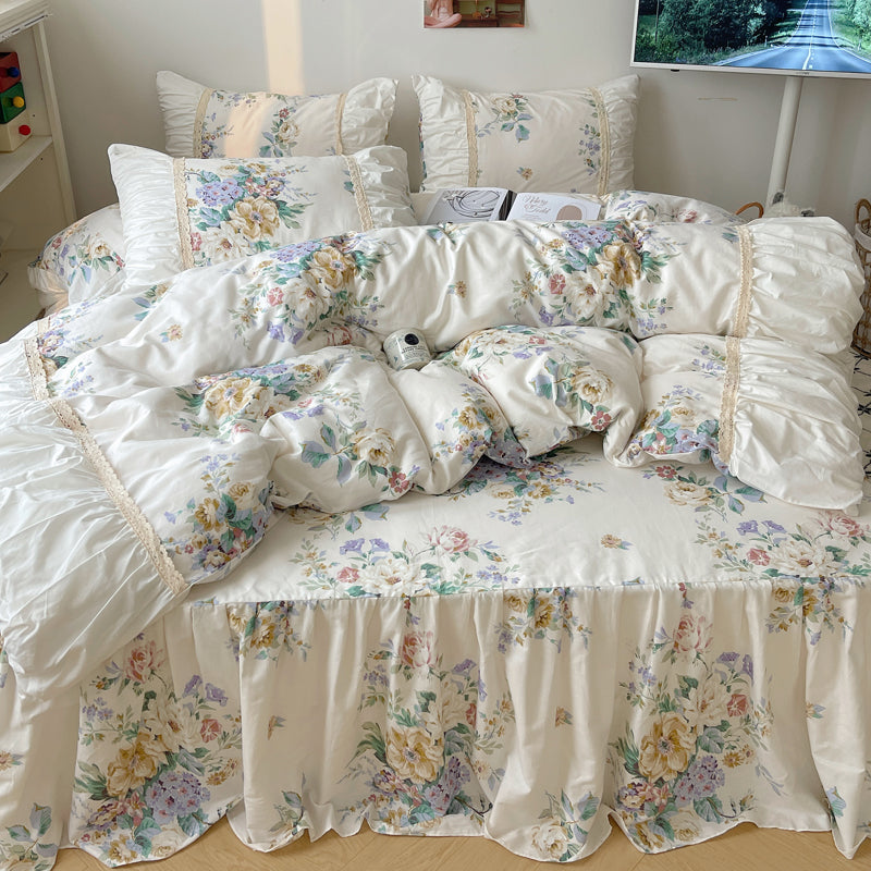 YICKYUE  -  Pure Cotton Korean Princess Style Bedding Set French Pastoral Country Flowers Duvet Cover Bed Skirt  With Pillowcases bed set
