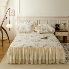 YICKYUE  -  Pure Cotton Vintage French Pastoral Country Flowers Print Double layer Lace Ruffles Bedding Set Duvet Cover Bed Skirt Pillowcase