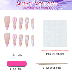 YICKYUE  -  24pcs/box,long almond nails,glitter diamonds,press on nails,nail art patches,reusable,removable,y2k nails,for women girls daily