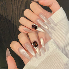 YICKYUE -  10pcs Handmade Long Press on Nails Glitter Cat Eye Rhinestone Design Fake Nails Wearable Reusable Fake Nail Tips For Women