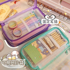 Cute Pencil Bag Transparent PVC Student Cartoon Pencil Case Large Capacity Kawaii Bag Korean Stationery