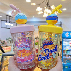 Yickyue Double Layer Plastic Straw Water Bottle Cute Cartoons Shake Cup Drinking Mug Portable Large Capacity For Adult Kids Mixing Cups