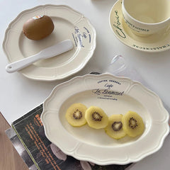 YICKYUE  -  Creative 8 Inch Retro French Simple Letter Beige Oval Ceramic Western Food Fruit Plate Cake Breakfast Plate  Plate Sets