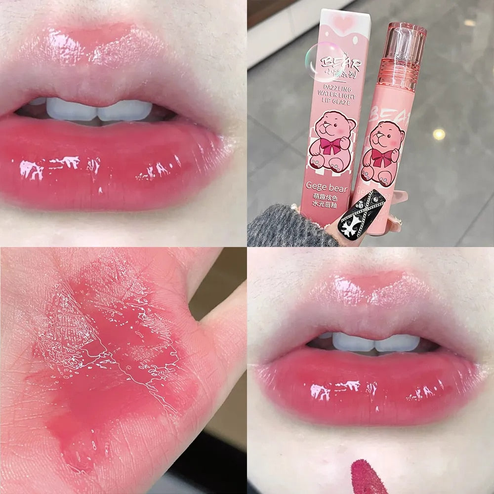 Yickyue Cute Bear Mirror Water Lip Glaze Moisturizing Sexy Red Lip Tint Lipstick Makeup lasting Color Non-stick Cup Lip Gloss Cosmetics