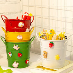 Kawaii Round Pen Holder Large Capacity Desktop Makeup Brush Storage Bucket Wrought Iron Desktop Storage Box with 3D Stickers