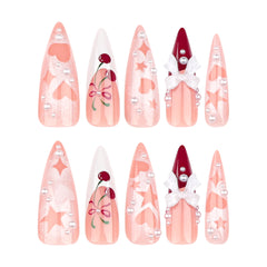 YICKYUE  -  24pcs Super Long Tip Cherry Pink French Fake Nails With Hollow Star Love Design Press On Nails Stiletto 3D Bow Pearl False Nails