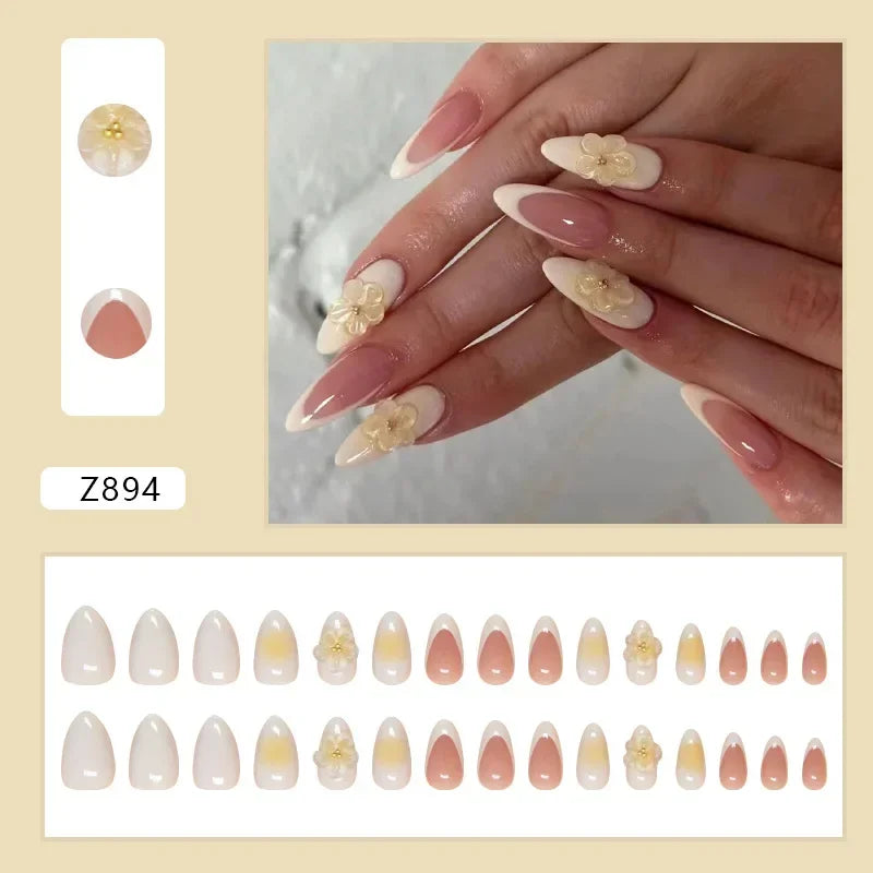 YICKYUE  -  24pcs White Almond False Nails French 3D Flower Design Nails Fake Press on Acyrlic Nails Wearable Ballerina Full Over Nail Tips
