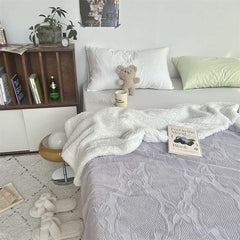 YICKYUE  -  Ins Style Bow Jacquard Milk Velvet Blanket Solid Color Double Layer Soft Sofa Cover Blanket Office Casual Warm Shawl Blanket