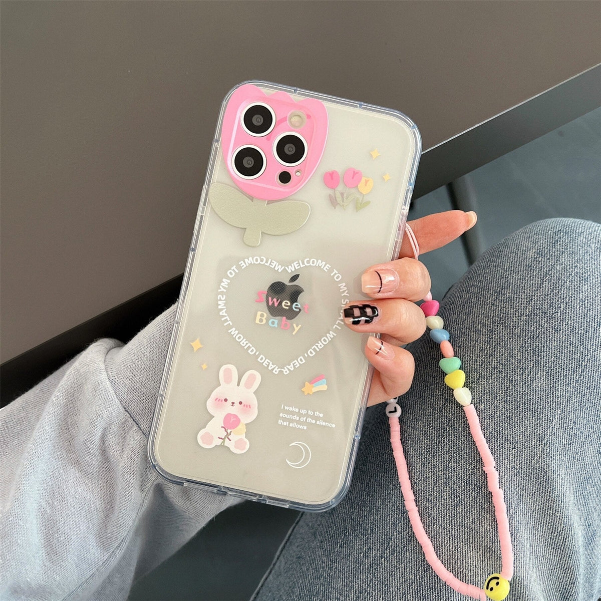 Cute Bear Bunny Korean 3D Tulip Love Beads Bracelet Chain Star Phone Case For iPhone 13 12 11 Pro Max X XS XR Transparent Cover