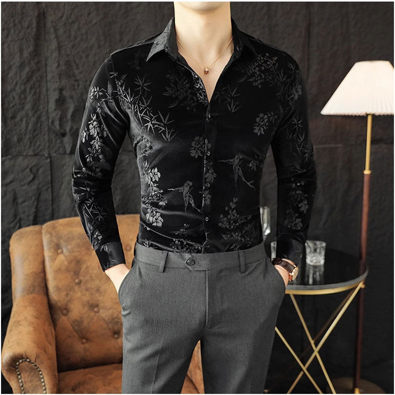 Hearujoy Korean Style Elastic Velvet Shirt For Men Spring  Autumn Long Sleeve Slim Fit Tops Fashion Vintage Shirts Barber Nightclub