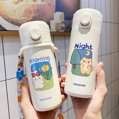 Japanese Style Kawaii Good Morning 304 Stainless Steel Bouncing Mug Water Cup Student Cute Pea Mug Outdoor Portable Water Bottle