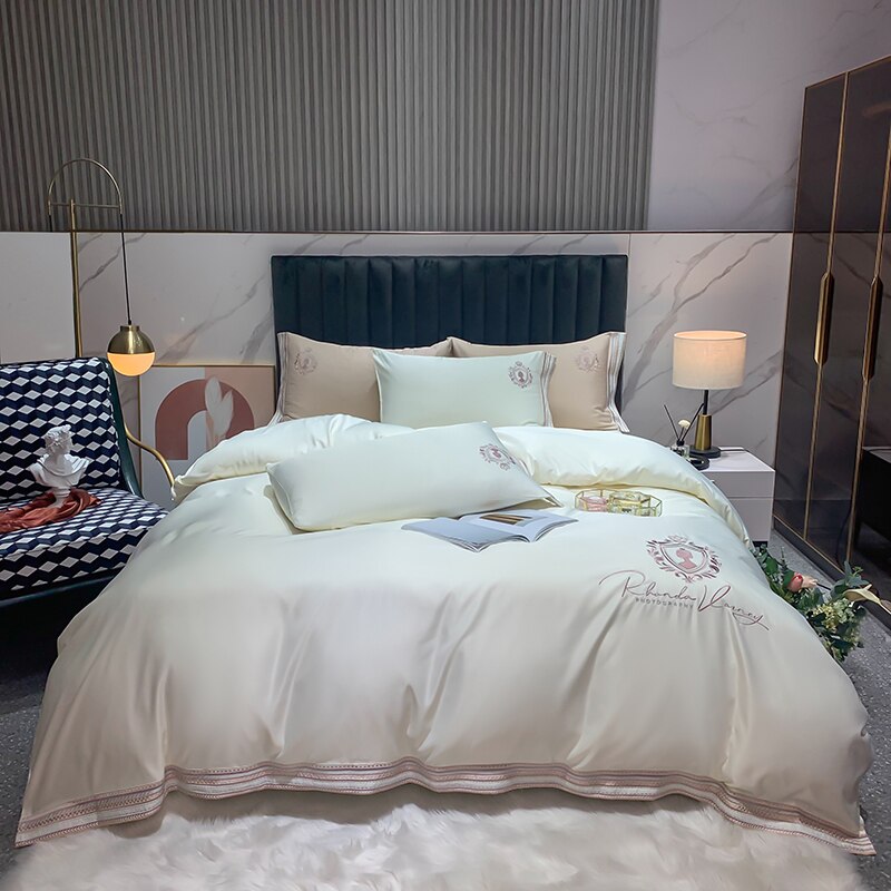 Luxury Satin Silky Embroidery Bedding Set Soft Smooth Double Duvet Cover Set Bed Linen Fitted Sheet Pillowcases Home Textiles