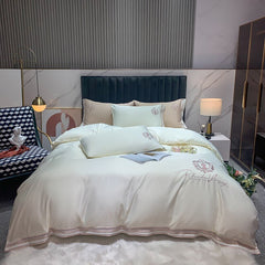 Luxury Satin Silky Embroidery Bedding Set Soft Smooth Double Duvet Cover Set Bed Linen Fitted Sheet Pillowcases Home Textiles