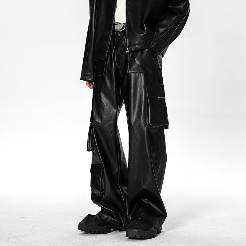 Hearujoy High Street Punk Style Leather Pants For Men Hip Hop Multi Pocket Straight Cargo pants Spring Autumn American Retro PU Trousers