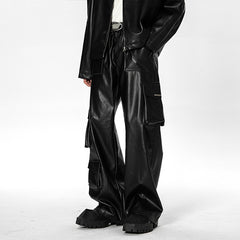 Hearujoy High Street Punk Style Leather Pants For Men Hip Hop Multi Pocket Straight Cargo pants Spring Autumn American Retro PU Trousers