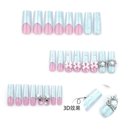 YICKYUE   -  24pcs 3D French Fake Nails Pink Bow Design Blue French Press on Nails Full Cover Wearable Cat Crystal Long Ballet False Nails